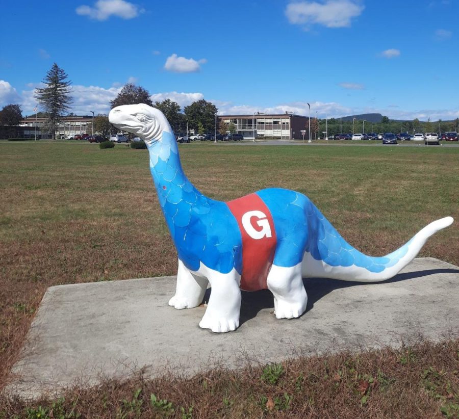 The+dinosaur+that+proudly+stands+guard+over+both+Granby+school+campuses.+